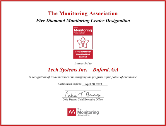 Tech Systems Awarded 5 Diamond Monitoring Center Designation
